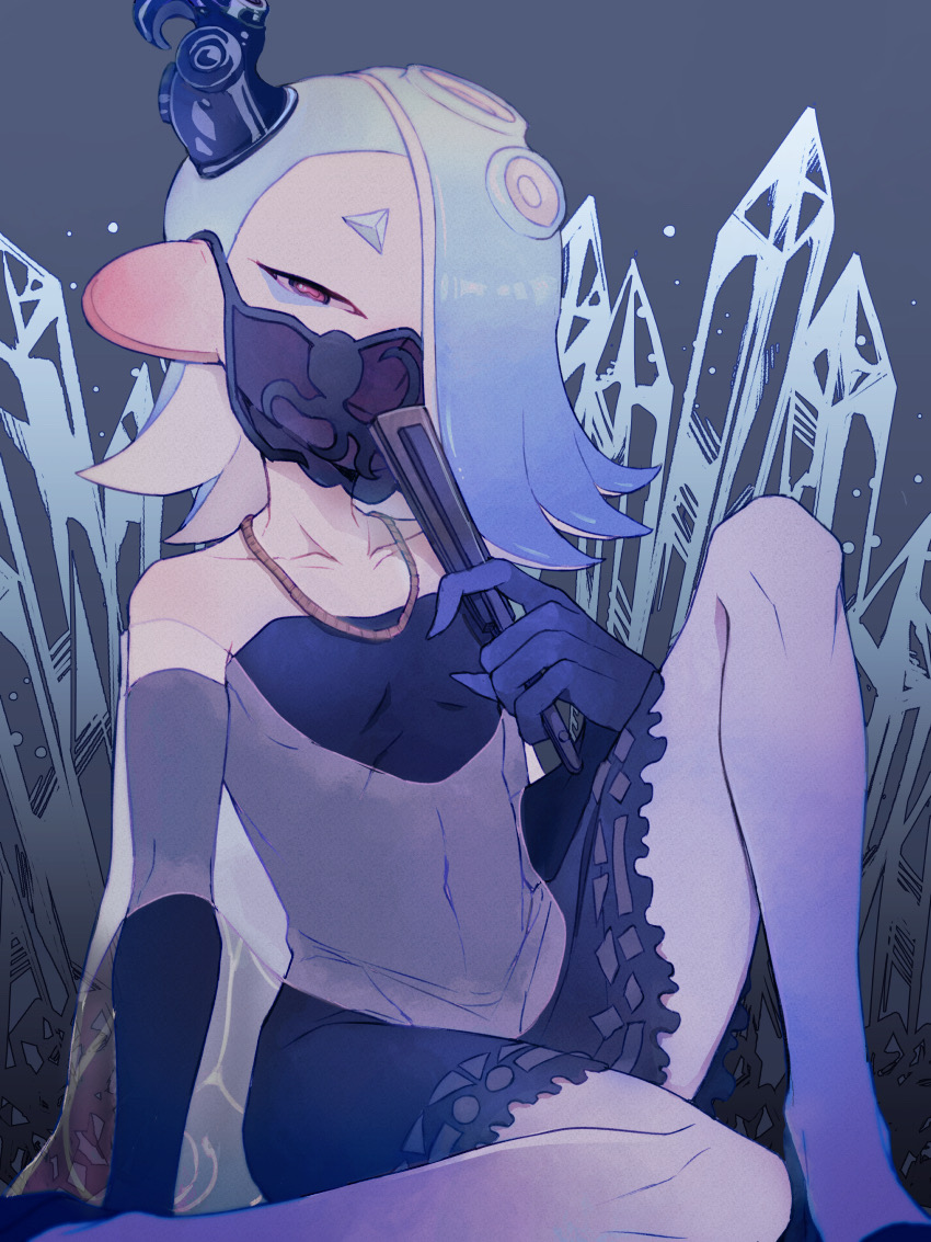 1girl, asymmetrical_hair, bare_shoulders, black_dress, black_gloves, blue_eyeliner, blue_hair, cephalopod_eyes