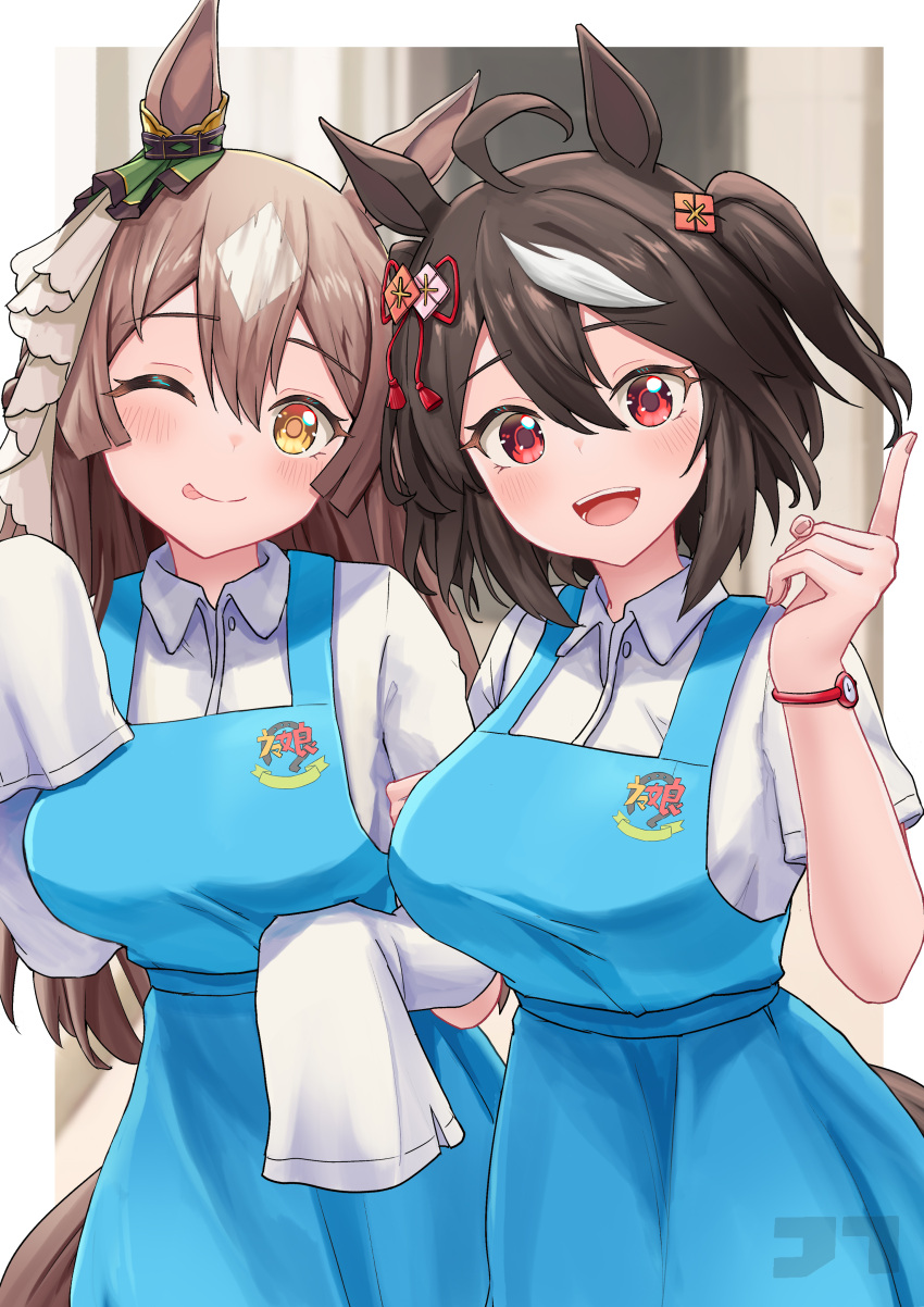 2girls, :p, absurdres, animal_ears, black_hair, blue_dress, bow, brown_hair, collared_shirt, cowboy_shot, dress, ear_ornament, hair_between_eyes, hair_bow, highres, horse_ears, horse_tail, jtleeklm, kitasan_black_(umamusume), long_hair, long_sleeves, looking_at_viewer, malaysian_secondary_school_uniform, matching_outfits, multicolored_hair, multiple_girls, one_eye_closed, red_eyes, satono_diamond_(umamusume), school_uniform, shirt, short_hair, short_sleeves, short_twintails, sidelocks, sleeves_past_wrists, tail, tongue, tongue_out, translation_request, twintails, two-tone_hair, umamusume, watch, watch, white_hair, white_shirt, yellow_eyes