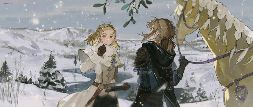 1boy, 1girl, akihare, blonde_hair, braid, coat, crown_braid, earrings, fur_trim, green_eyes, half_updo, highres, horse, hylian_crest, jewelry, link, outdoors, pine_tree, pointy_ears, princess_zelda, purah_pad, sidelocks, snow, snowing, the_legend_of_zelda, the_legend_of_zelda:_tears_of_the_kingdom, tree, triforce, winter, winter_clothes