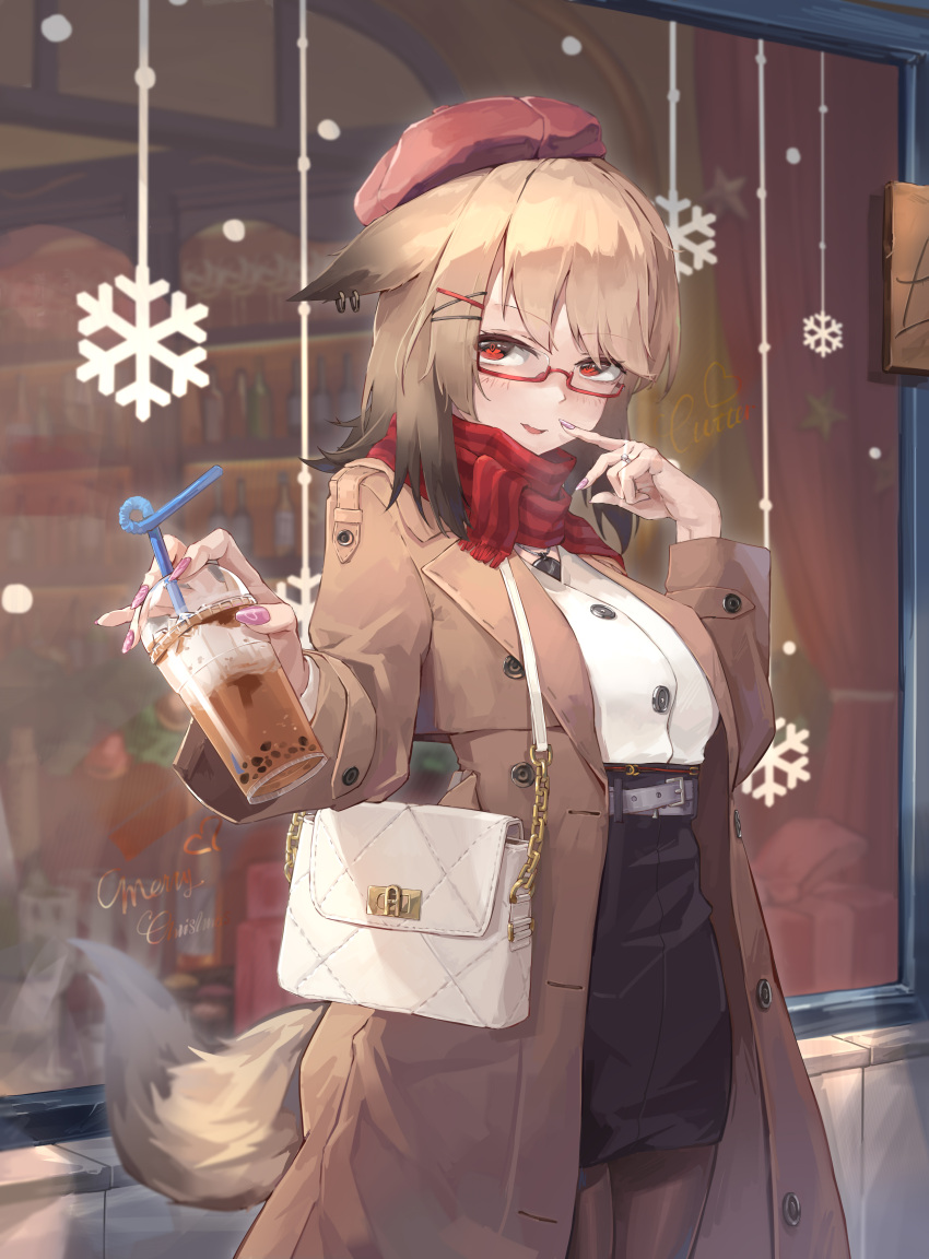 1girl, absurdres, alternate_costume, animal_ear_piercing, animal_ears, arknights, bag, belt, beret, bespectacled, black_skirt, blush, breasts, brown_coat, brown_hair, brown_pantyhose, buttons, coat, commentary_request, cowboy_shot, cup, cutter_(arknights), disposable_cup, drink, finger_to_mouth, fox_ears, fox_girl, fox_tail, glasses, hair_ornament, hairclip, handbag, hat, highres, jewelry, koshouko_(fenrisulfr1010), medium_breasts, medium_hair, merry_christmas, nail_polish, necklace, outdoors, pantyhose, pink_nails, red_eyes, red_headwear, red_scarf, ring, scarf, shirt, shirt_tucked_in, skirt, snowflake_ornament, solo, standing, tail, white_bag, white_shirt, window, winter_clothes