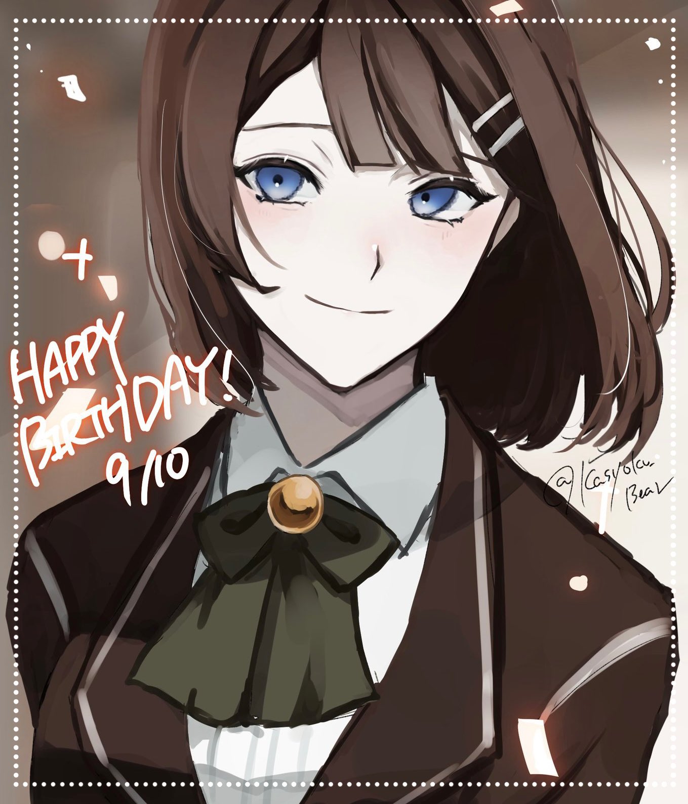 1girl, blue_eyes, bow, bowtie, brown_coat, brown_hair, closed_mouth, coat