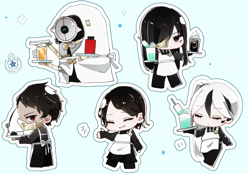 2girls, 3boys, apron, black_dress, black_eyes, black_gloves, black_necktie, black_pants