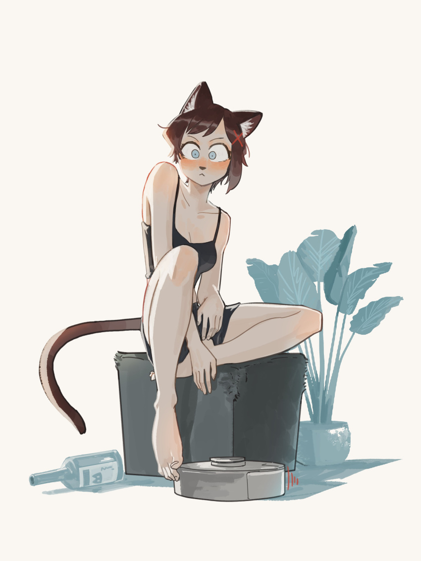 absurdres, akiko_(vakiko6), animal_ears, barefoot, black_shorts, black_tank_top, bottle, cat_ears