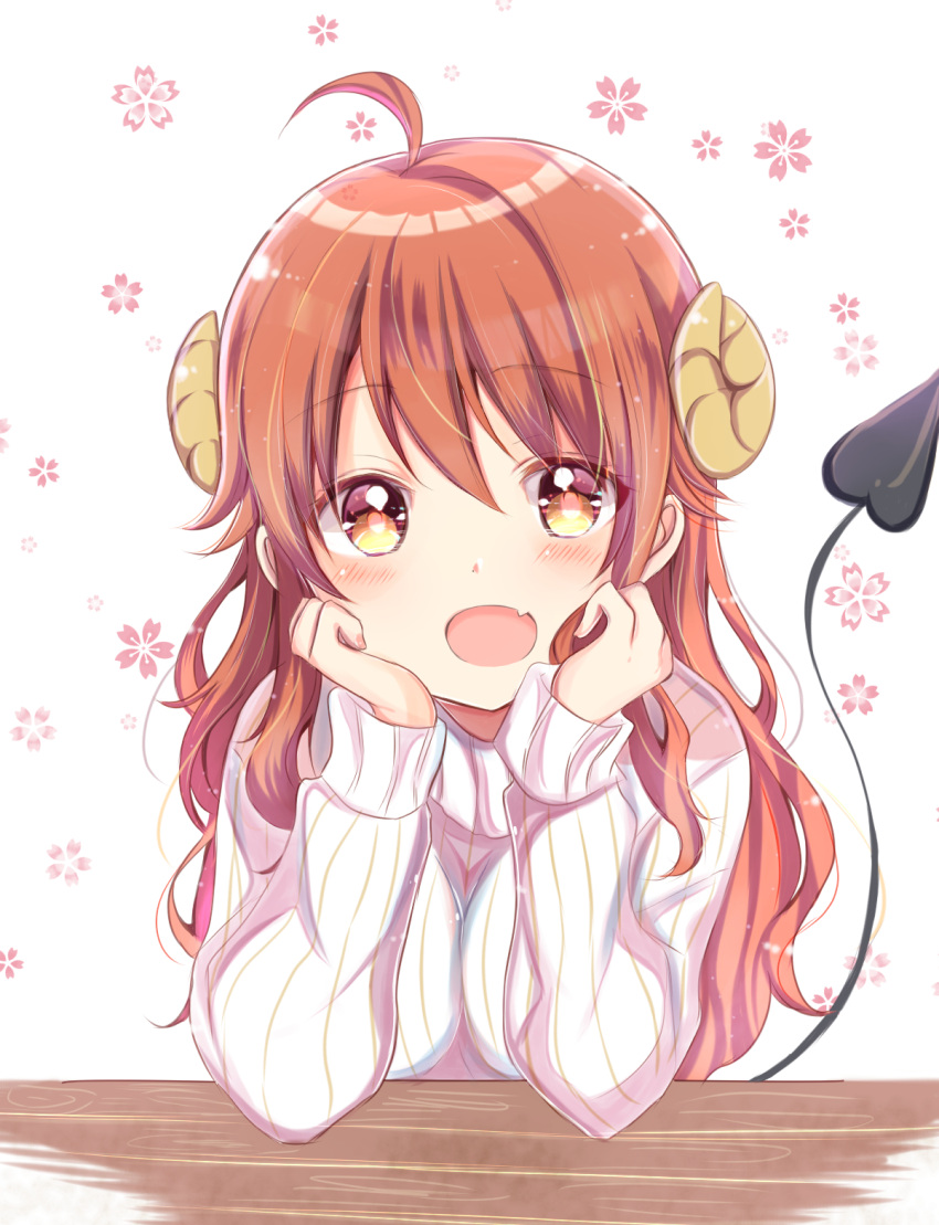 1girl, ahoge, blush, brown_eyes, brown_hair, cherry_blossom_print, commentary, demon_girl
