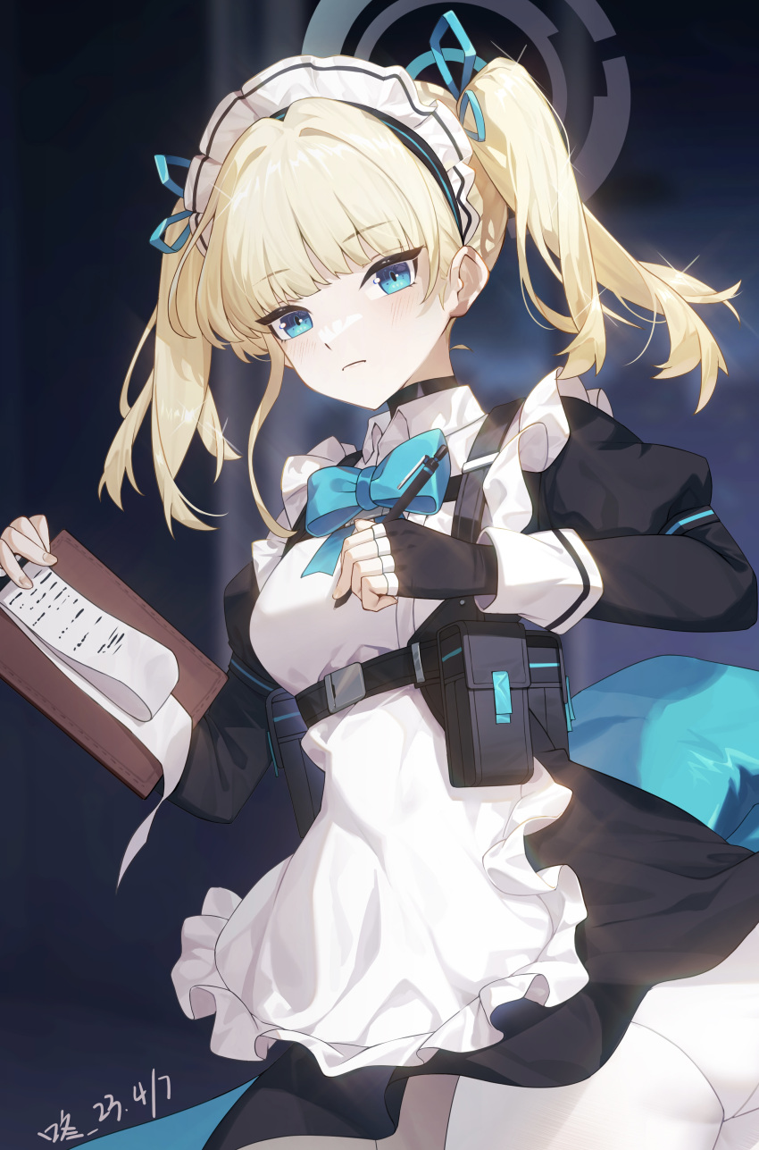 1girl, absurdres, alternate_hairstyle, apron, azema, belt_pouch, black_choker, black_dress, black_gloves, blonde_hair, blue_archive, blue_bow, blue_bowtie, blue_eyes, blunt_bangs, bow, bowtie, breasts, chest_harness, china_dress, chinese_clothes, choker, clipboard, closed_mouth, commentary, dated, dress, expressionless, fingerless_gloves, gloves, halo, harness, highres, holding, holding_clipboard, holding_pen, long_sleeves, maid_apron, maid_headdress, pen, pouch, puffy_long_sleeves, puffy_sleeves, small_breasts, solo, toki_(blue_archive), twintails, upper_body, white_apron