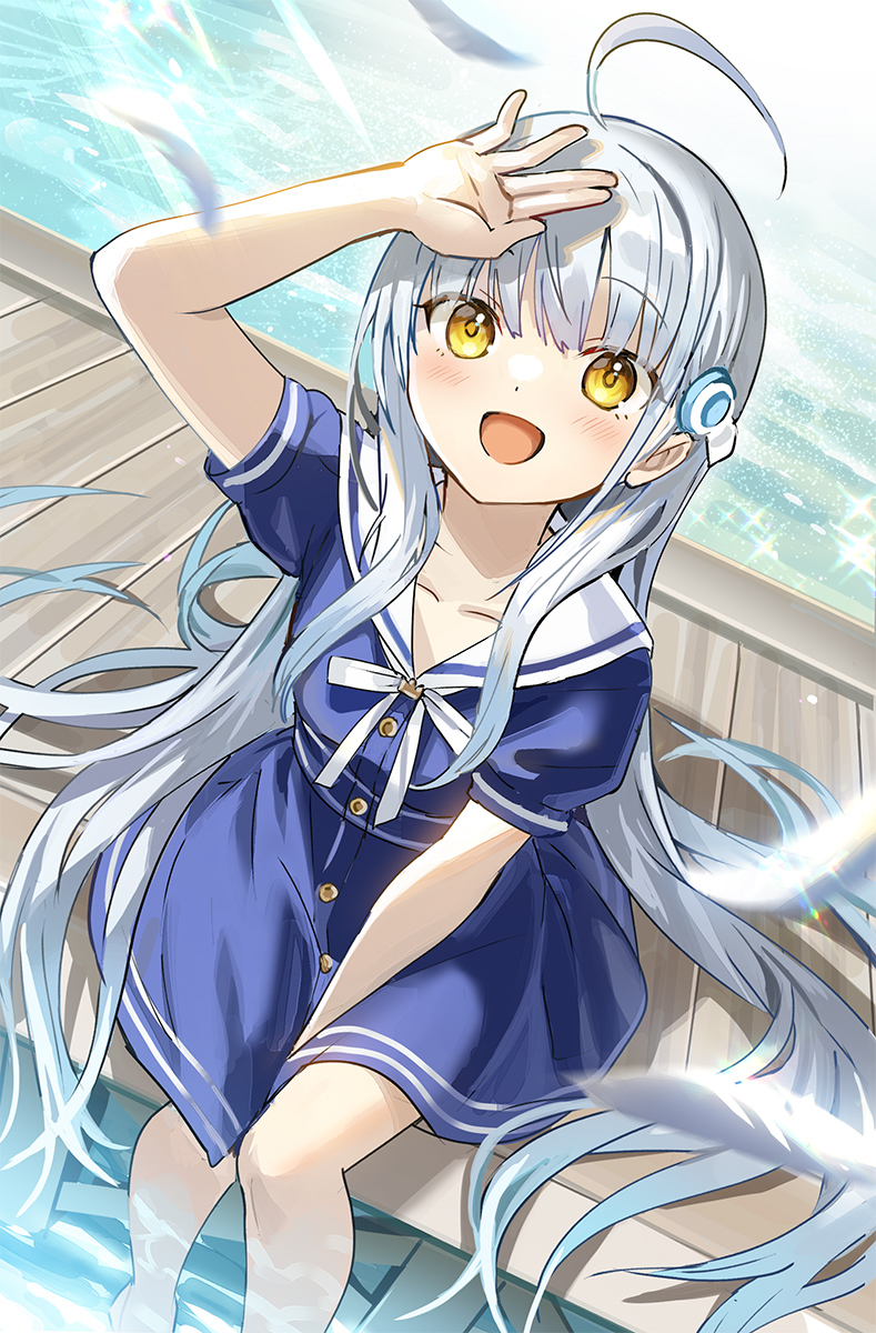 1girl, :d, ahoge, between_legs, blue_hair, blue_serafuku, blue_shirt, blue_skirt, blunt_bangs, blush, bridge, buttons, commentary, day, dutch_angle, eyes_visible_through_hair, feet_out_of_frame, foreshortening, hand_between_legs, happy, high-waist_skirt, highres, kuuko_(same_to_ikiru_nanokakan), light_blue_hair, long_hair, looking_up, official_art, open_mouth, outdoors, puffy_short_sleeves, puffy_sleeves, ribbon, sailor_collar, same_to_ikiru_nanokakan, school_uniform, serafuku, shading_eyes, shirt, short_sleeves, sidelocks, sitting, skirt, smile, soaking_feet, solo, sparkle, sunlight, tsurukonnyaku, very_long_hair, water, white_ribbon, white_sailor_collar, yellow_eyes