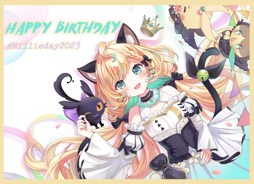 1girl, ahoge, animal_ear_fluff, animal_ears, aqua_hair, black_corset, blonde_hair, blue_eyes