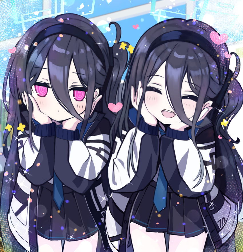 <key>_(blue_archive), 2girls, absurdres, aris_(blue_archive), black_hair, black_hairband, black_jacket, black_skirt