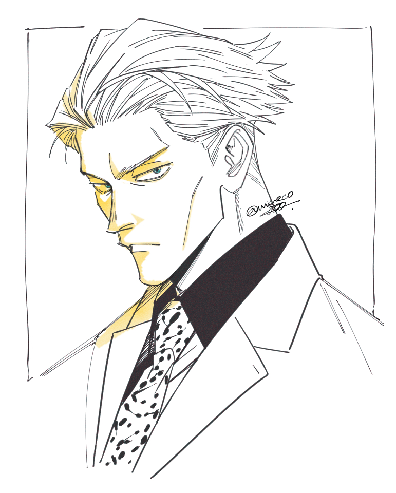 1boy, animal_print, blue_eyes, border, closed_mouth, collared_shirt, jujutsu_kaisen, leopard_print
