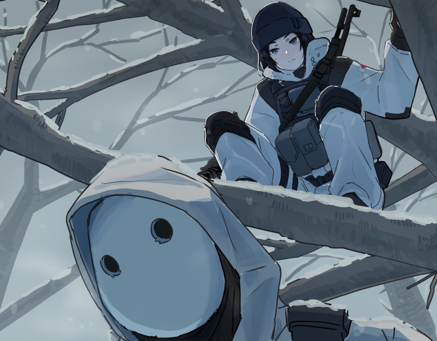 1girl, 1other, arknights, beanie, black_gloves, black_hair, black_headwear, black_vest, blue_eyes, clich51368861, commentary, english_commentary, frost_(rainbow_six_siege), frown, full_body, gloves, grey_sky, gun, hat, hood, hood_up, hoodie, in_tree, jacket, knee_pads, looking_at_another, looking_down, mask, pants, pouch, rainbow_six_siege, reunion_soldier_(arknights), rifle, short_hair, sky, snow, squatting, tree, upper_body, vest, weapon, weapon_on_back, white_hoodie, white_jacket, white_pants