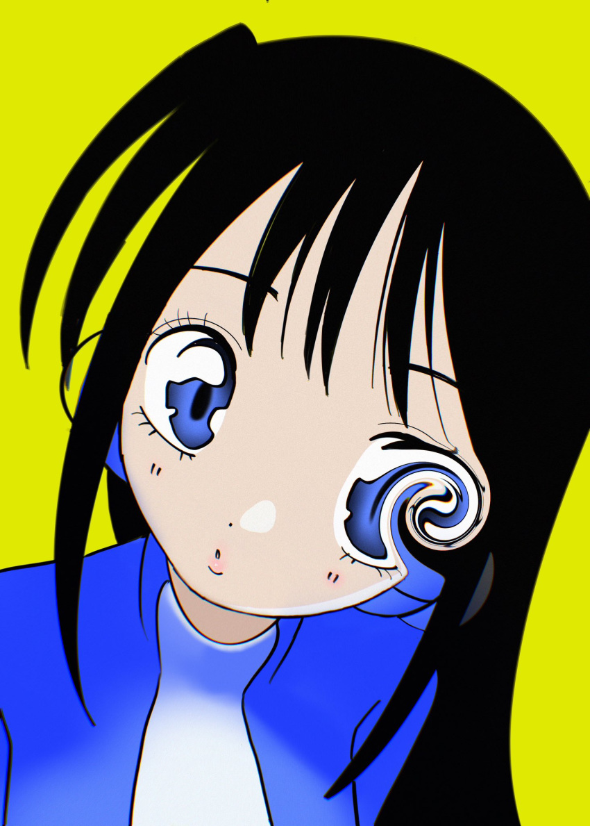 1girl, :o, black_hair, blue_eyes, blue_shirt, commentary, distortion, head_tilt, highres, long_hair, looking_at_viewer, original, parted_lips, portrait, shirt, simple_background, solo, straight_hair, urokogaran, yellow_background