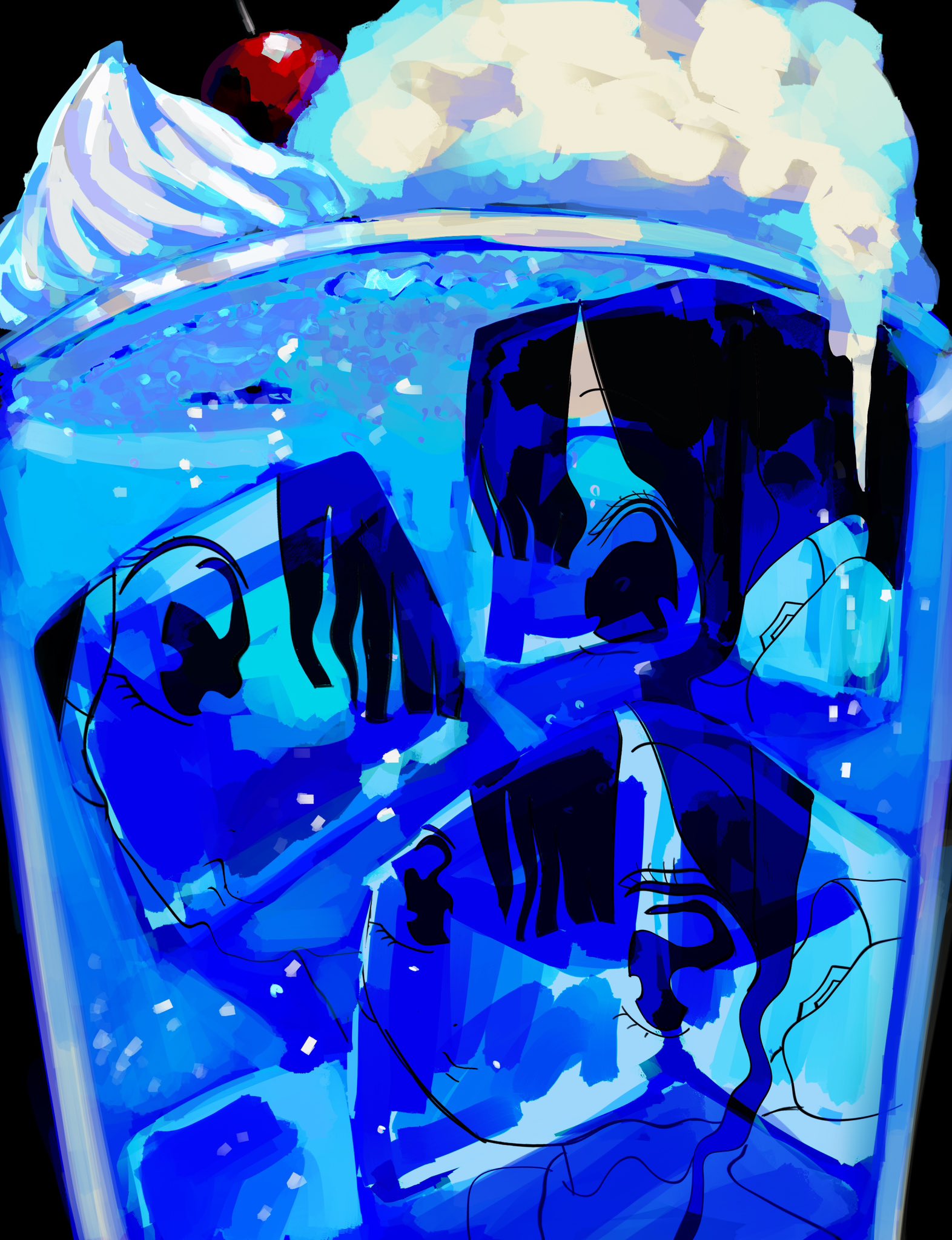 1girl, black_background, black_hair, blue_theme, cherry, closed_mouth, cup, drinking_glass, food, fruit, hair_between_eyes, headgear, highres, ice, ice_cream, ice_cream_float, ice_cube, looking_at_viewer, original, refraction, solo, urokogaran