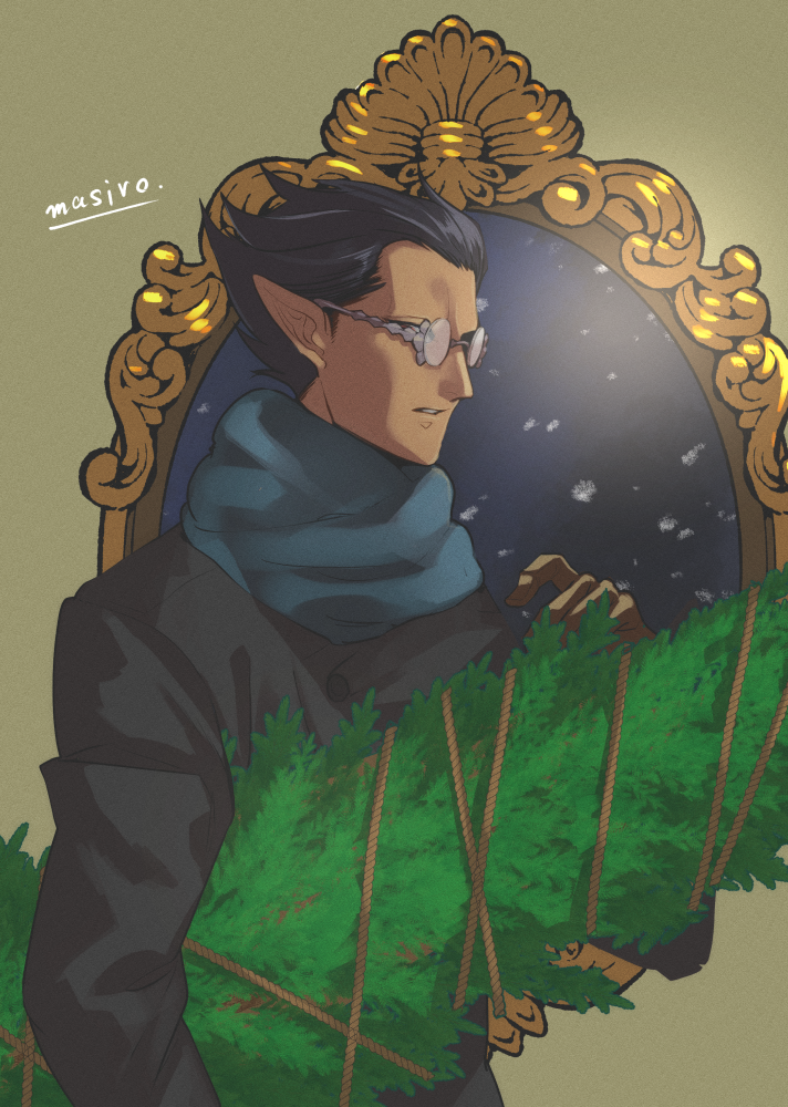 1boy, artist_name, black_hair, black_jacket, blue_scarf, brown_gloves, buttons, christmas
