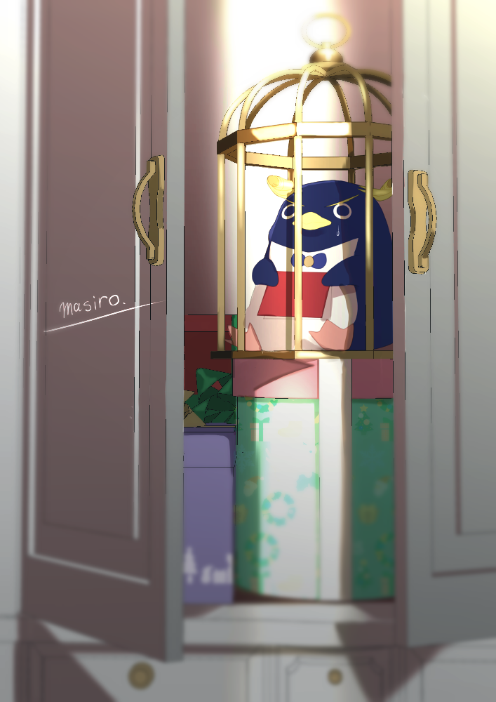 1boy, artist_name, bird, birdcage, bow, bowtie, box, cabinet