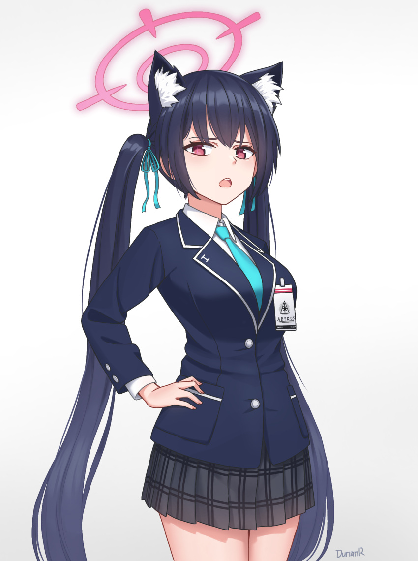1girl, animal_ear_fluff, animal_ears, black_hair, black_jacket, black_skirt, blue_archive, blue_necktie