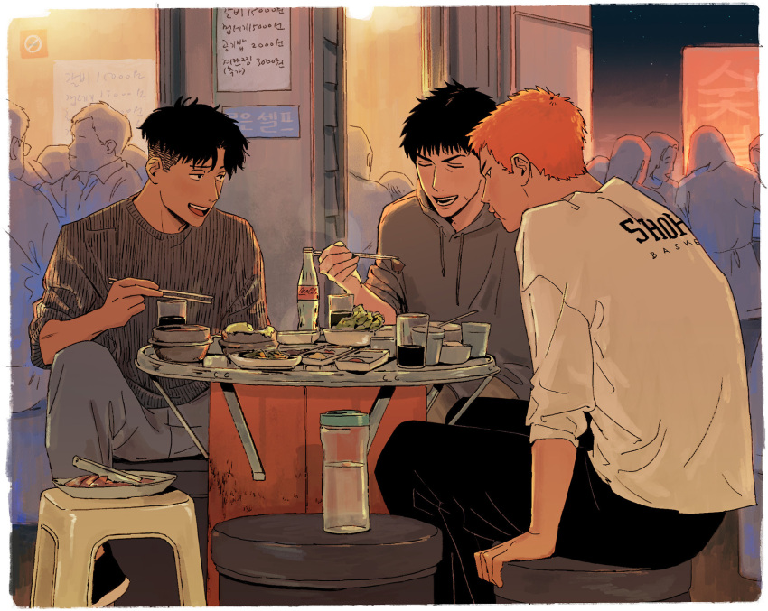 3boys, black_eyes, black_hair, black_pants, black_sweater, bottle, brown_eyes, brown_hair