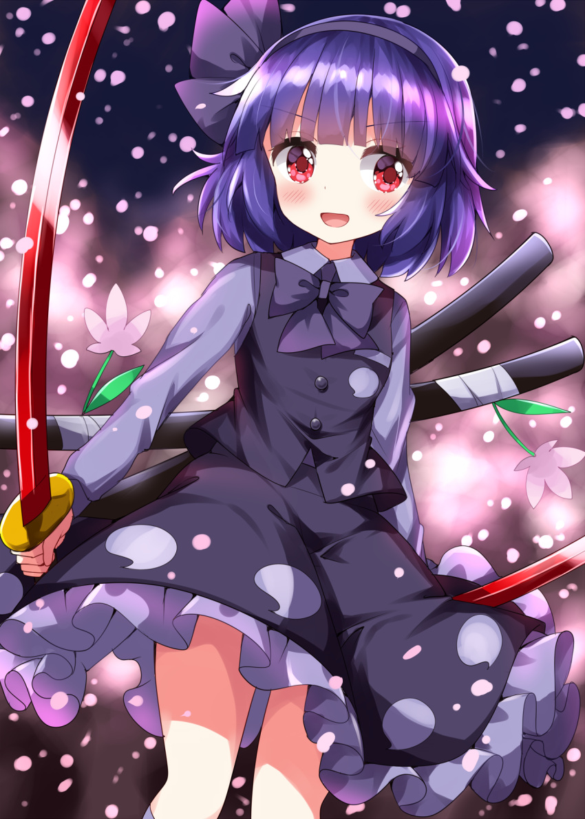1girl, alternate_color, black_background, black_bow, black_bowtie, black_hairband, black_skirt, black_vest, blurry, blurry_background, blush, bow, bowtie, collared_shirt, commentary_request, cowboy_shot, dual_wielding, falling_petals, flower, frilled_skirt, frills, grey_shirt, hairband, highres, holding, holding_sword, holding_weapon, katana, konpaku_youmu, konpaku_youmu_(mysterious_sword_master), long_sleeves, open_mouth, petals, petticoat, purple_hair, red_eyes, ruu_(tksymkw), sheath, shirt, short_hair, skirt, solo, sword, thighs, touhou, touhou_lost_word, vest, weapon