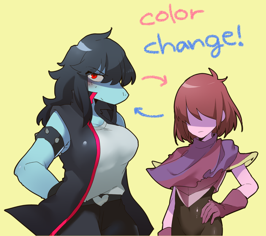1girl, 1other, alternate_color, androgynous, armor, color_switch, colored_skin, deltarune, hair_over_eyes, jacket, komugiko_(bitte_komu), kris_(dark_world)_(deltarune), kris_(deltarune), leather, leather_jacket, purple_skin, red_eyes, reptile_girl, susie_(dark_world)_(deltarune), susie_(deltarune)