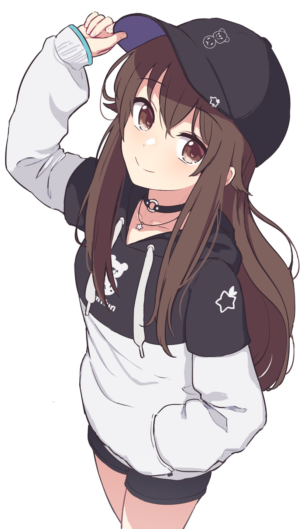 1girl, adjusting_clothes, adjusting_headwear, baseball_cap, black_choker, black_headwear, black_hoodie, black_shorts, breasts, brown_eyes, brown_hair, choker, closed_mouth, commentary, cowboy_shot, eternaltanbo, from_above, hand_in_pocket, hat, highres, hololive, hood, hood_down, hoodie, jewelry, long_hair, looking_at_viewer, necklace, o-ring, o-ring_choker, official_alternate_costume, short_shorts, shorts, sidelocks, simple_background, sleeves_past_wrists, small_breasts, smile, solo, standing, star_(symbol), star_necklace, tokino_sora, tokino_sora_(streetwear), two-tone_hoodie, virtual_youtuber, white_background, white_hoodie