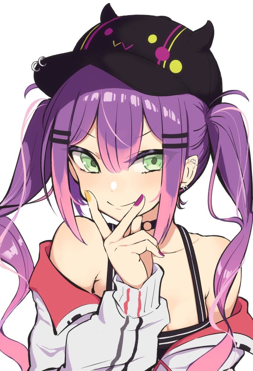 1girl, absurdres, baseball_cap, bibi_(tokoyami_towa), black_camisole, black_choker, black_headwear, breasts