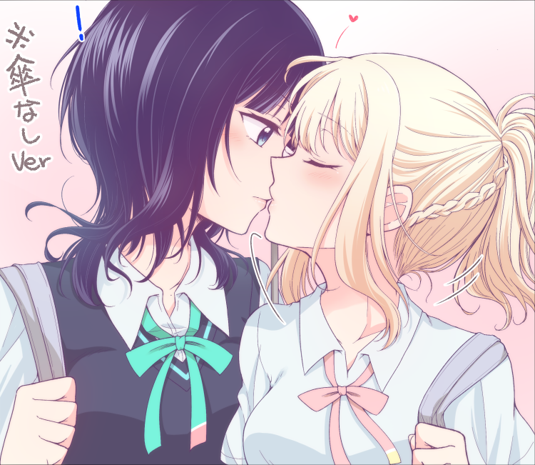 2girls, asaka_karin, bag, black_hair, blonde_hair, blue_eyes, blunt_bangs, blush