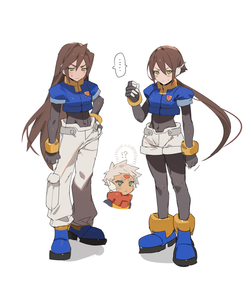 !?, ..., 1girl, 2boys, aile_(mega_man_zx), black_bodysuit, blue_jacket, blush
