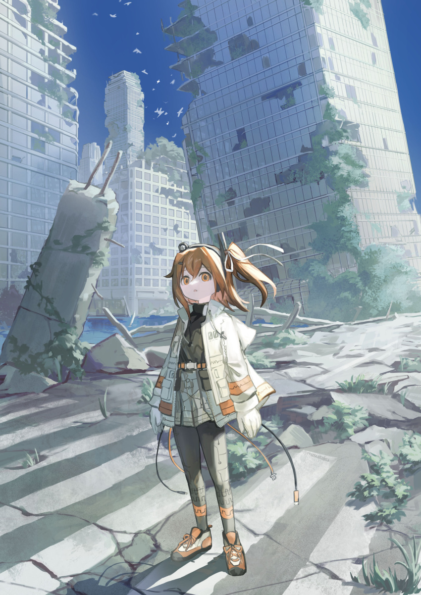1girl, a.i._voice, absurdres, adachi_rei, arms_at_sides, belt, belt_pouch, black_pantyhose, black_shirt, blue_sky, building, cable, city, commentary_request, cracked_street, crossed_bangs, culottes, day, floating_hair, gloves, grey_shorts, hair_ribbon, headlamp, highres, hood, hood_down, hooded_jacket, jacket, kyo_mizusawa, long_hair, long_sleeves, looking_at_viewer, one_side_up, open_clothes, open_jacket, orange_belt, orange_eyes, orange_hair, outdoors, overgrown, pantyhose, post-apocalypse, pouch, radio_antenna, rebar, ribbon, ruins, shadow, shirt, shoes, shorts, simple_bird, sky, skyscraper, sneakers, solo, standing, turtleneck, utau, white_gloves, white_jacket, white_ribbon, wide_shot