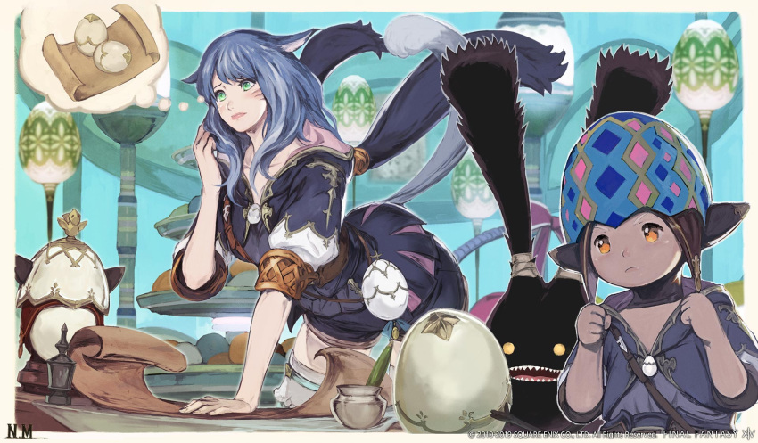 1boy, 1girl, animal_ears, artist_request, bent_over, black_thighhighs, blue_hair, blue_hoodie, cat_ears, cat_tail, closed_mouth, easter_egg, egg, facial_mark, final_fantasy, final_fantasy_xiv, green_eyes, headwear_pull, highres, hood, hoodie, ink_bottle, jihli_aliapoh, lalafell, miqo'te, no_headwear, official_art, orange_eyes, scroll, spriggan_(final_fantasy), tail, thigh-highs, thought_bubble, whisker_markings