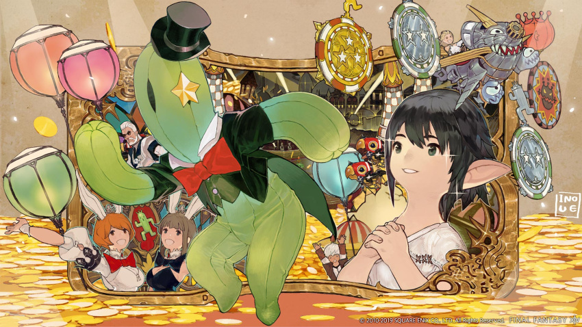 2boys, 2girls, :d, brown_eyes, brown_hair, chocobo, closed_eyes, coin