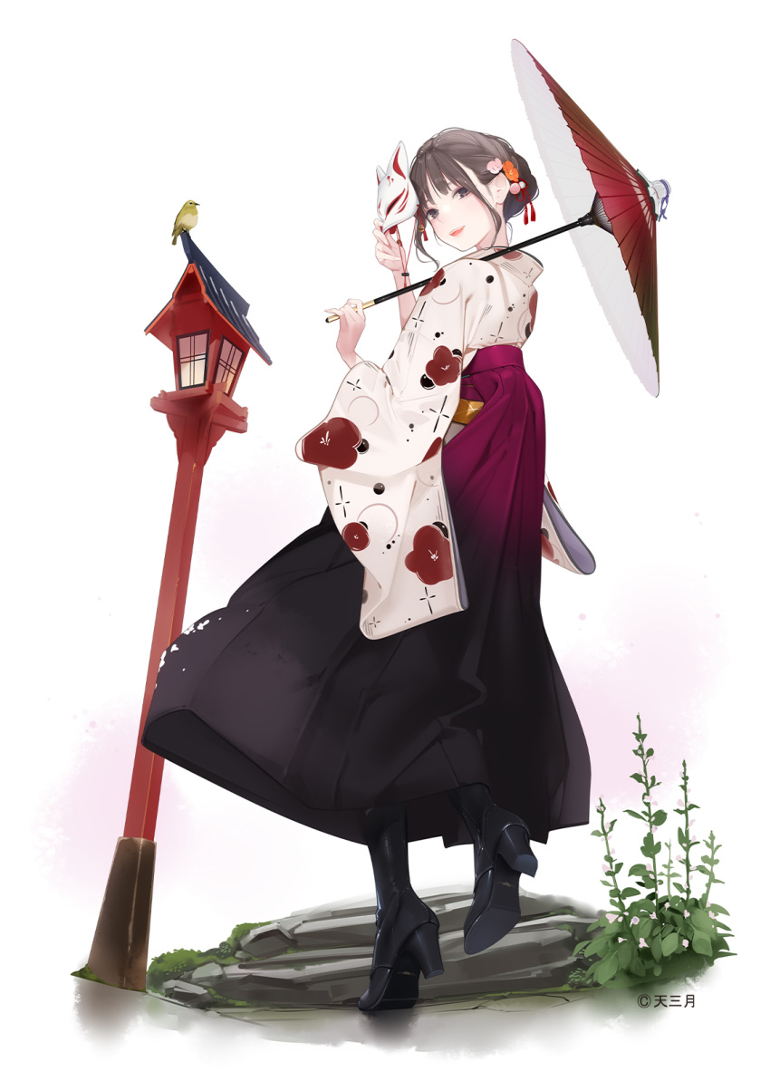 1girl, ama_mitsuki, animal, bird, black_footwear, black_hakama, blush, boots