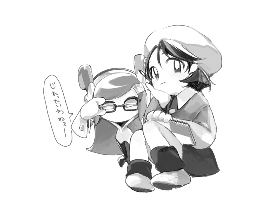 2girls, adeleine, adjusting_eyewear, beret, bespectacled, buttons, closed_mouth, collared_shirt