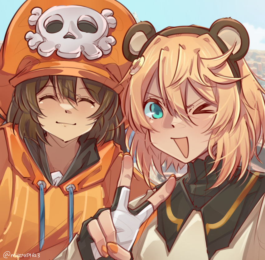>_@, 2girls, androgyne_symbol, animal_ears, aqua_eyes, bear_ears, black_gloves, blonde_hair