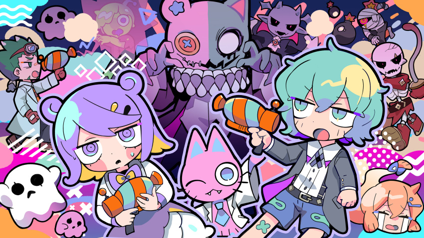 2girls, 3boys, absurdres, animal_ears, antenna_hair, aqua_eyes, aqua_hair, bandaid, bandaid_on_face, bandaid_on_knee, bandaid_on_leg, bandaid_on_nose, bear_ears, blonde_hair, bomb, bow, bowtie, cat_ears, chibi, child, cover, dress, explosive, fangs, ghost, goonya_monster, goonyan_(goonya_monster), green_hair, gun, handgun, highres, holding, holding_weapon, kigurumee_(goonya_monster), lab_coat, multicolored_hair, multiple_boys, multiple_girls, mummy, octo_(goonya_monster), official_art, orange_hair, otoko_no_ko, pirarucu_(goonya_monster), ponytail, promotional_art, purple_hair, sickle, skeleton, snail_(goonya_monster), sweatdrop, terada_tera, toad_(goonya_monster), two-tone_hair, vampire, video_game_cover, violet_eyes, weapon