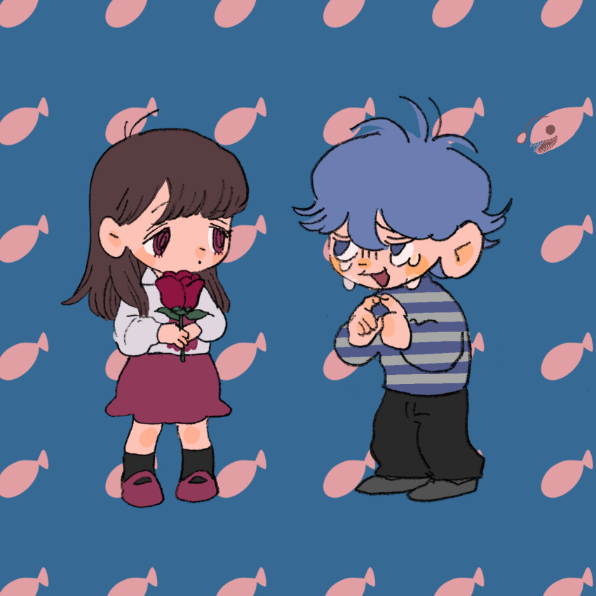 1boy, 1girl, anglerfish, black_pants, black_socks, blue_background, blue_eyes, blue_hair, brown_hair, chibi, commentary_request, crossover, crying, dot_mouth, expressionless, eye_contact, fish, fish_background, flower, full_body, gloom_(expression), highres, holding, holding_flower, ib, ib_(ib), index_fingers_together, jack-o'_ran-tan, long_hair, long_sleeves, looking_at_another, mary_janes, napoli_no_otokotachi, odd_one_out, oko_da_yo, open_mouth, pants, red_eyes, red_flower, red_footwear, red_rose, red_skirt, rose, sad_smile, shirt, shoes, skirt, socks, standing, striped, striped_sweater, sweater, tareme, unmoving_pattern, white_shirt