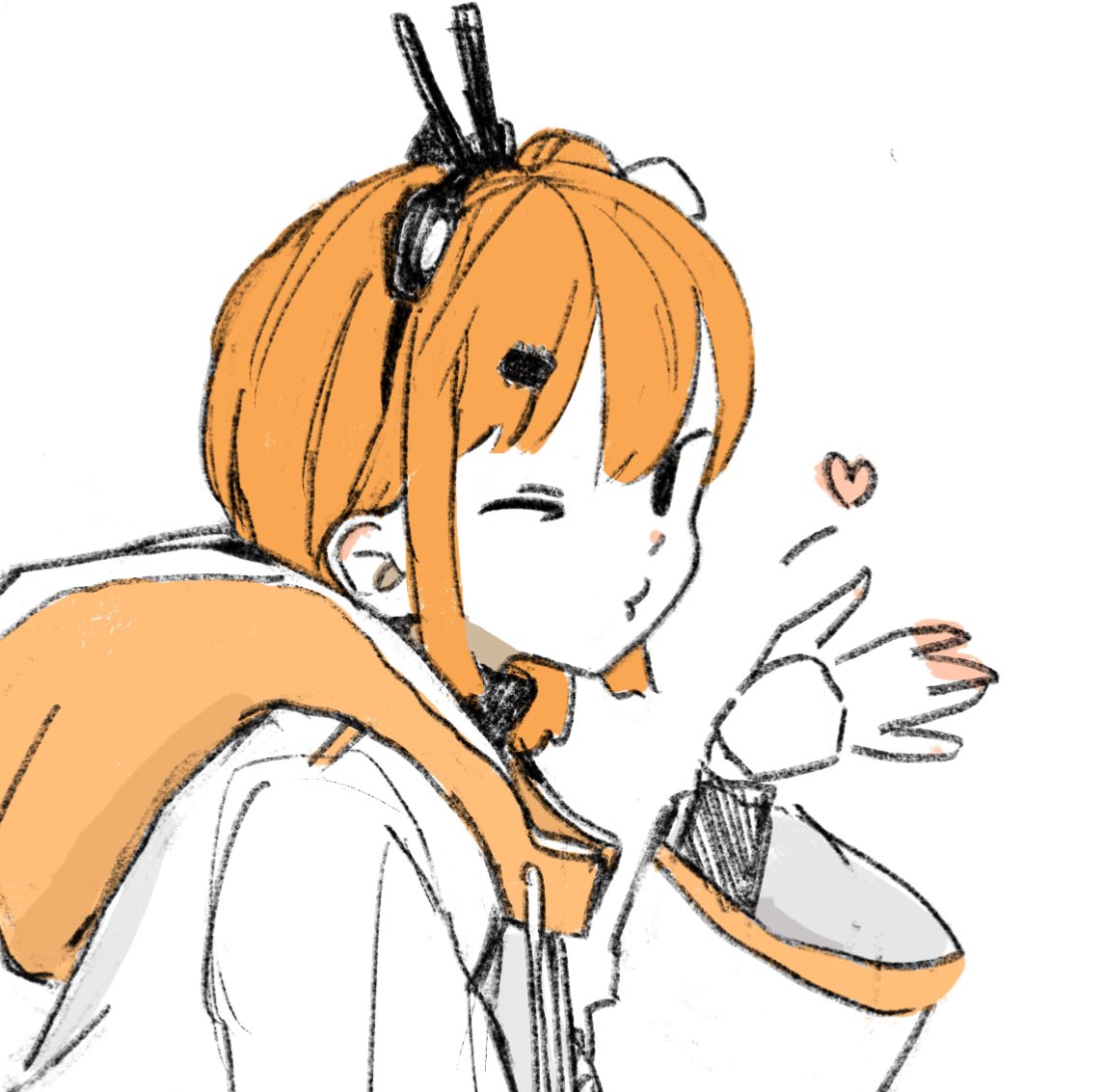 1girl, a.i._voice, adachi_rei, adapted_costume, black_eyes, blowing_kiss, commentary_request, drawstring