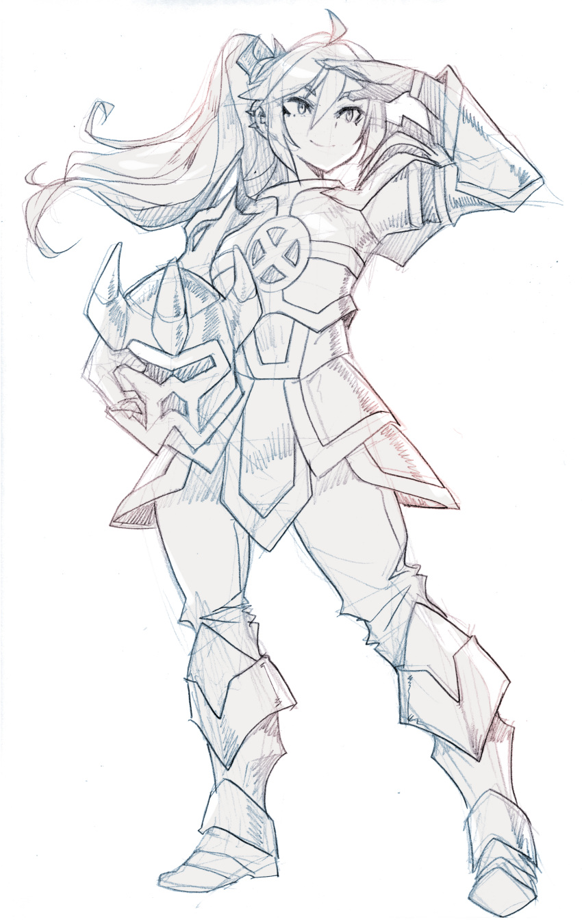 1girl, absurdres, armor, armored_boots, armored_skirt, boots, commentary, commission