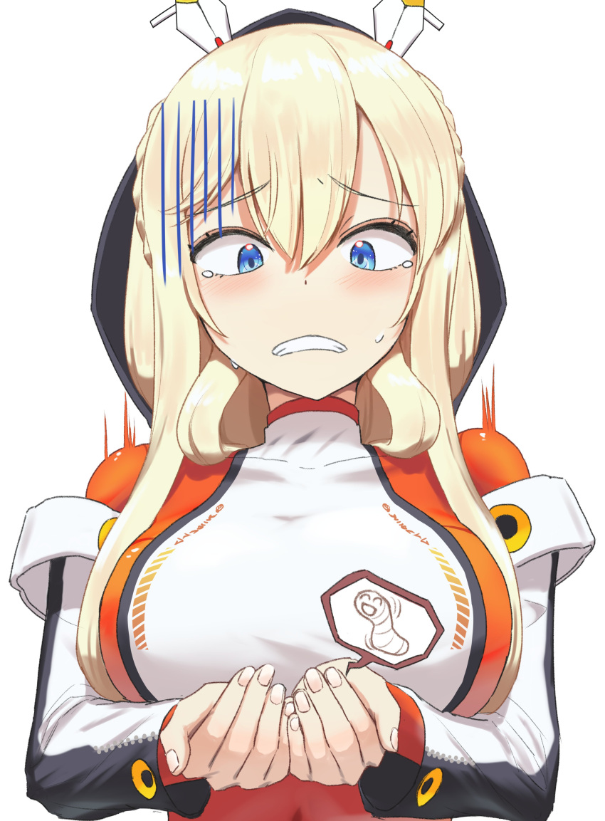 1girl, absurdres, blonde_hair, blue_eyes, bodysuit, braid, breasts, clenched_teeth, crop_top, disgust, goddess_of_victory:_nikke, grey_jacket, hair_between_eyes, headgear, highres, holding, jacket, kano_hoshi, large_breasts, long_hair, multicolored_clothes, multicolored_jacket, off-shoulder_jacket, off_shoulder, orange_bodysuit, sidelocks, simple_background, skin_tight, solo, tearing_up, teeth, tove_(nikke), two-tone_jacket, white_background, white_jacket, worm