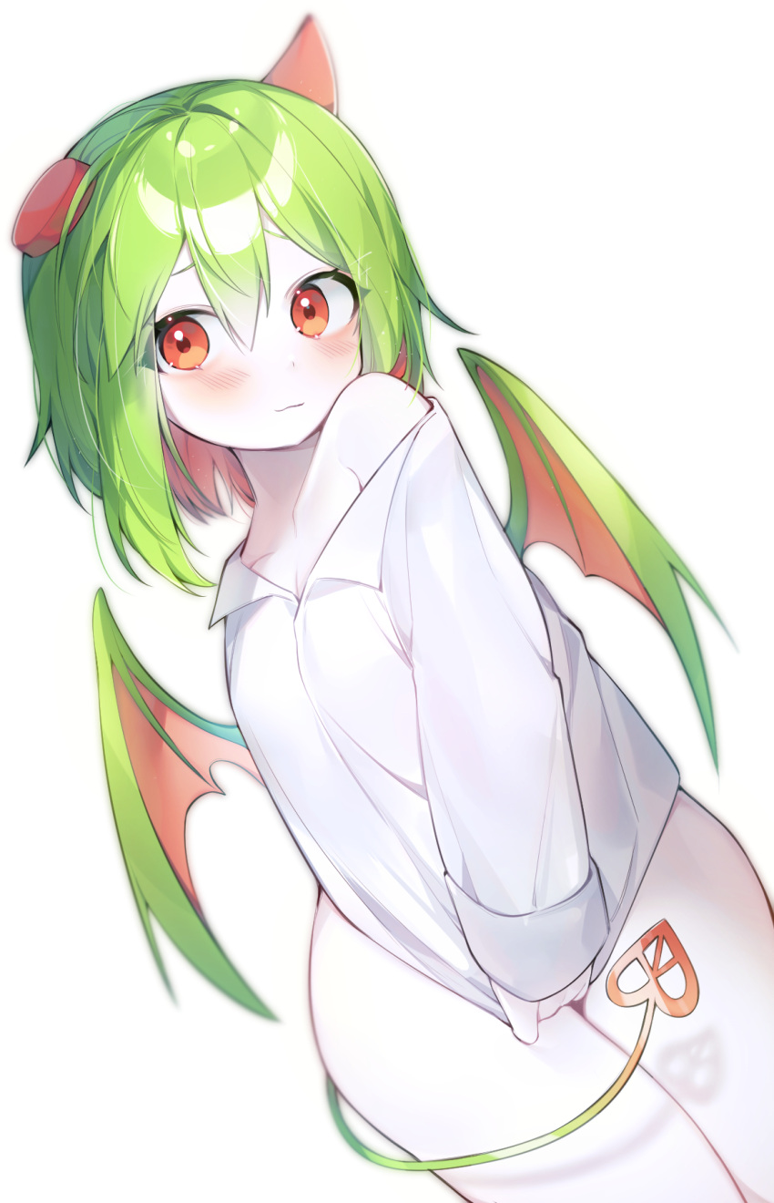 1girl, blush, bottomless, colored_skin, commission, demon_horns, demon_tail, demon_wings