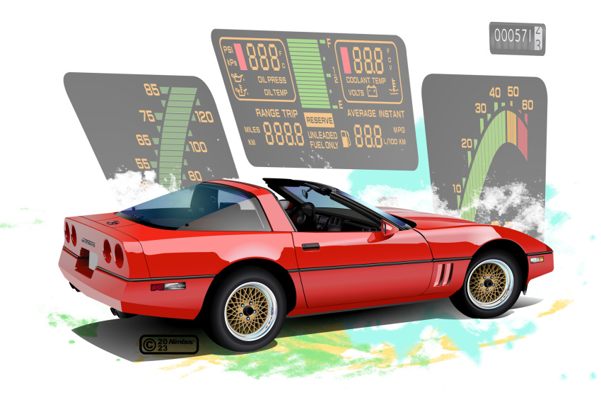 car, chevrolet, chevrolet_corvette, chevrolet_corvette_c4, dashboard, highres, motor_vehicle, nimbus_goldbrum, no_humans, original, red_car, speedometer, vehicle_focus