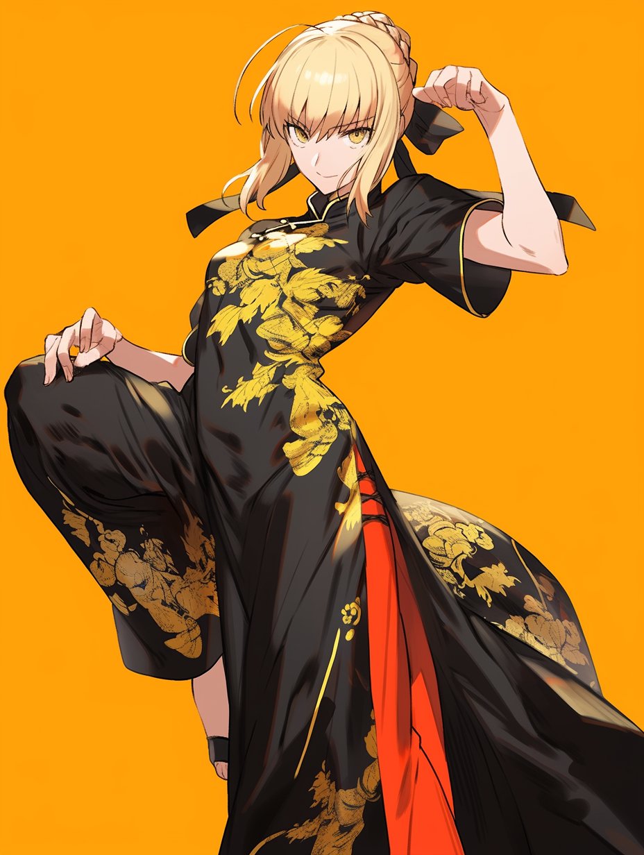 1girl, ahoge, artoria_pendragon_(fate), black_dress, blonde_hair, braid, dougi, dress