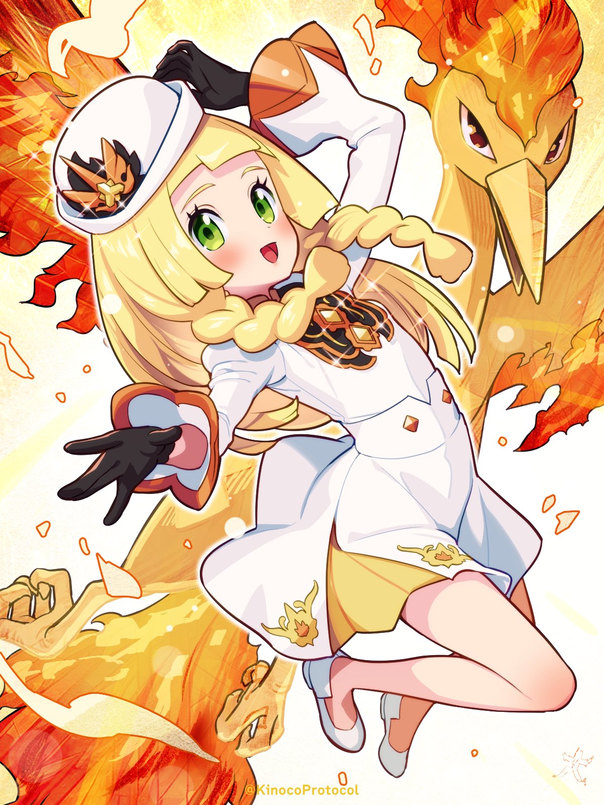 1girl, artist_name, beak, black_gloves, blonde_hair, brown_eyes, cosplay, dress