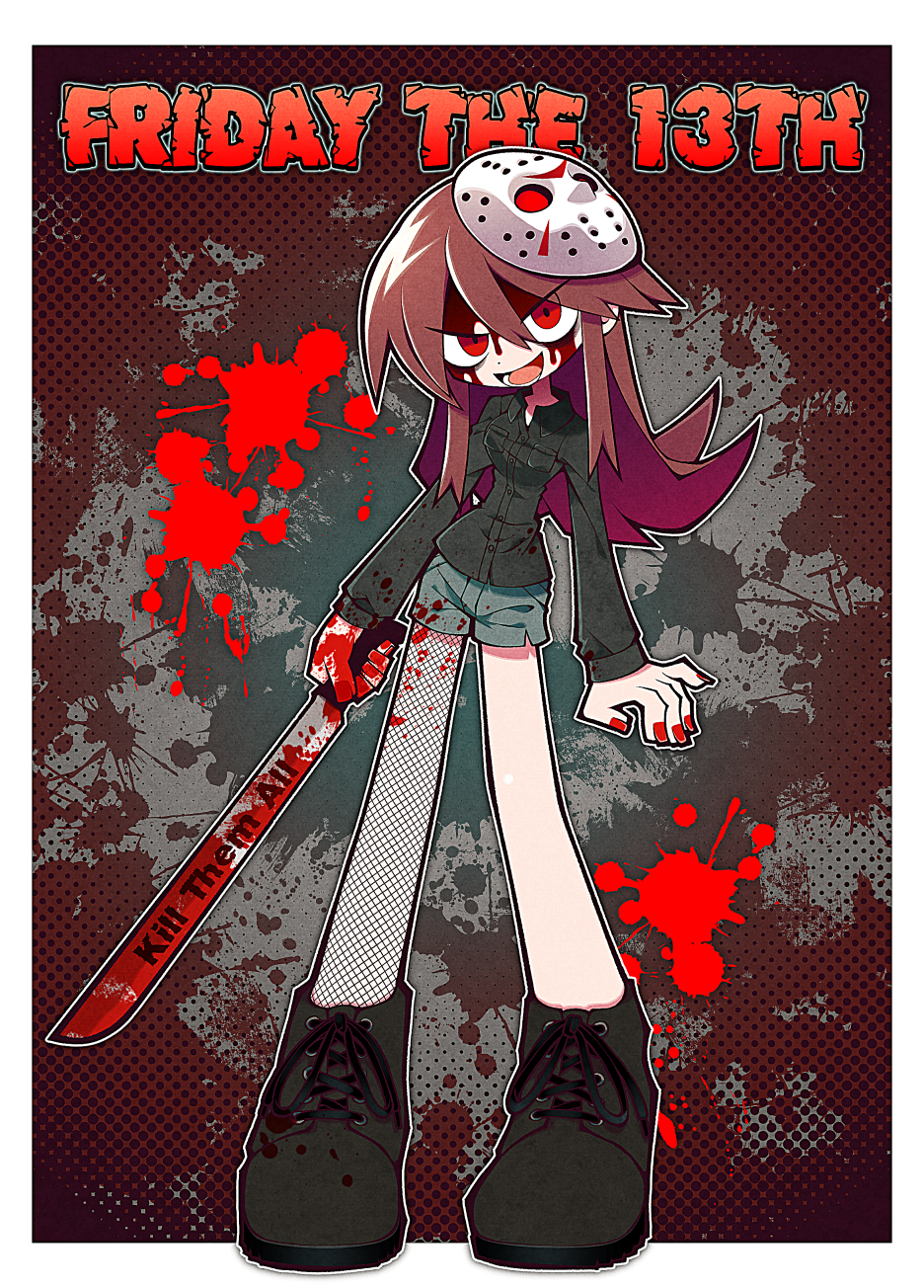 1girl, black_footwear, black_shirt, blood, blood_on_face, blood_on_weapon, blood_splatter, blue_shorts, brown_hair, cosplay, dj_met, english_text, friday_the_13th, highres, holding, holding_weapon, jason_voorhees, jason_voorhees_(cosplay), machete, mask, mask_on_head, mogeko_(okegom), red_eyes, red_nails, shirt, shoes, shorts, single_fishnet_legwear, solo, sutare_yume, weapon