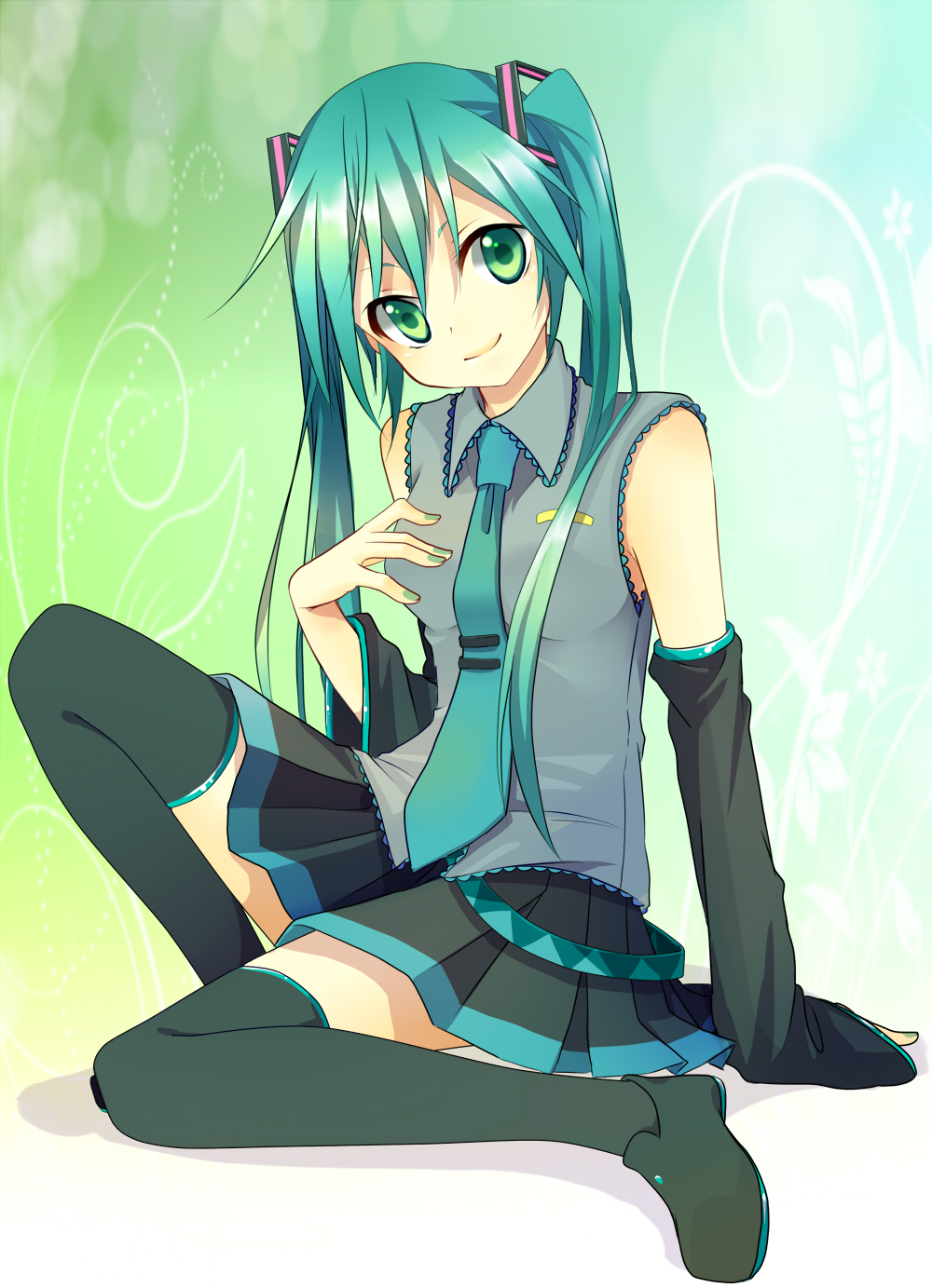 arm_support, bad_id, detached_sleeves, green_eyes, green_hair, hatsune_miku, highres, isk