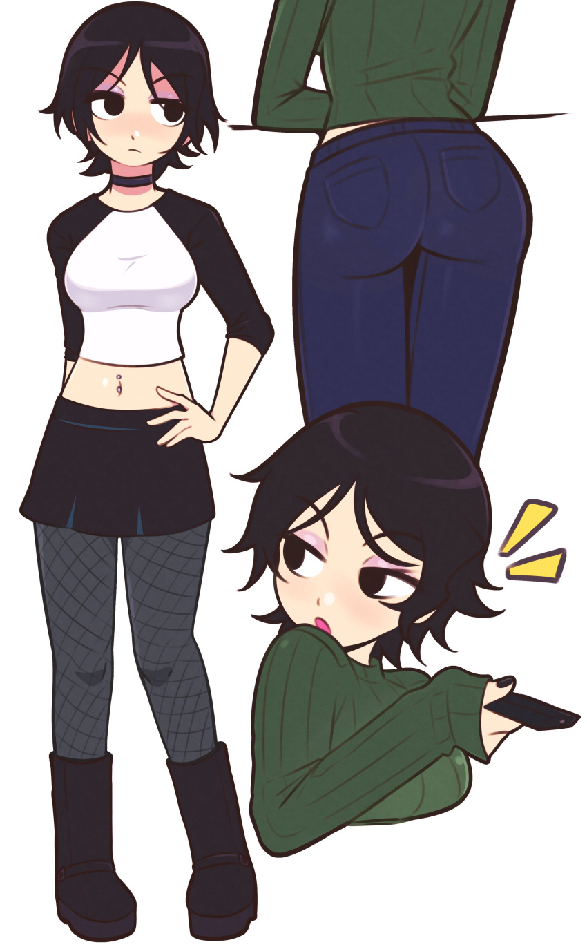 1girl, absurdres, ass, black_eyes, black_hair, black_nails, black_skirt, controller