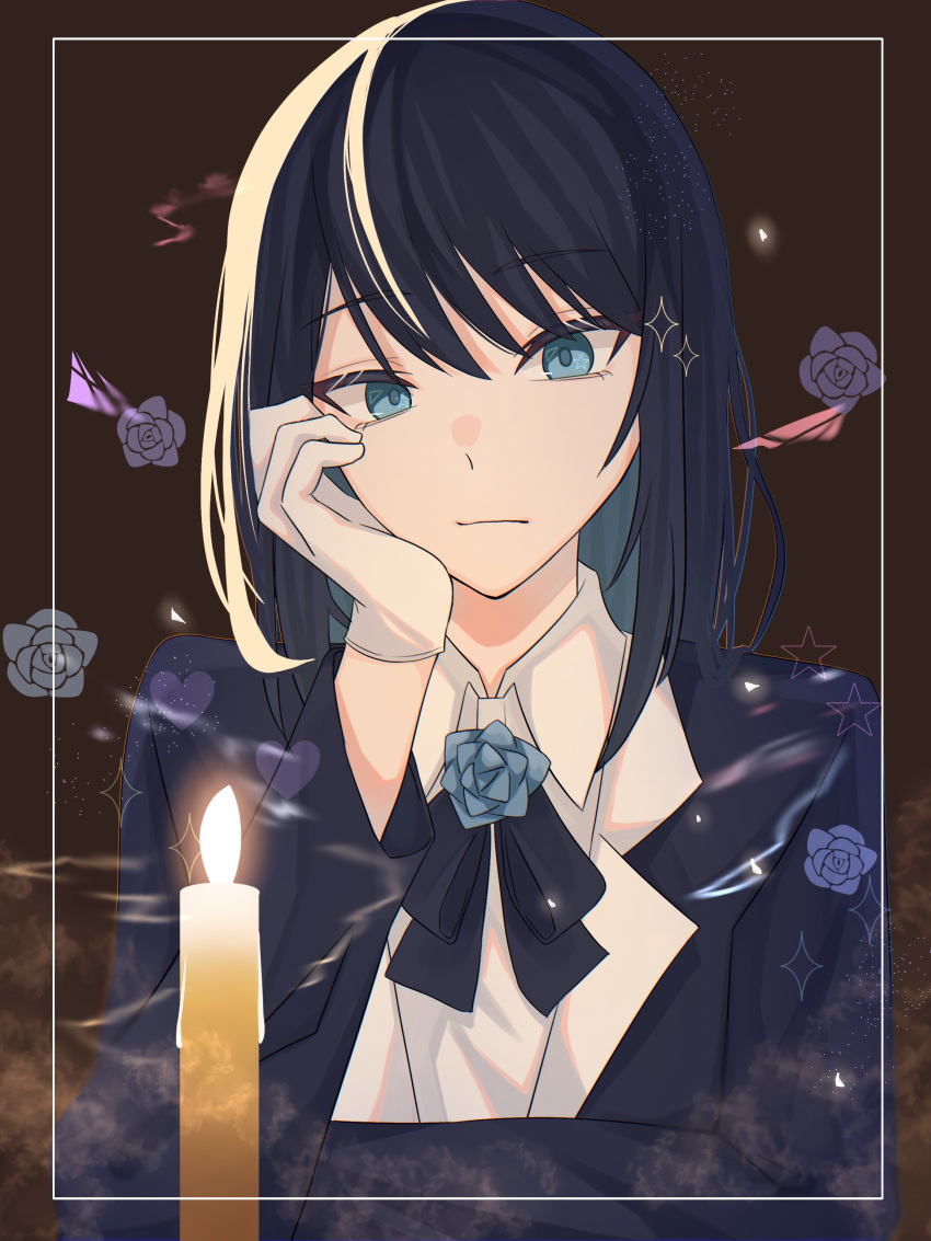 1girl, absurdres, ado_(utaite), black_bow, black_bowtie, black_hair, black_jacket, blue_eyes