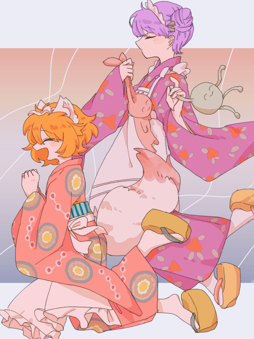 2girls, animal_ears, apron, blonde_hair, blush, clenched_hands, closed_eyes, closed_mouth