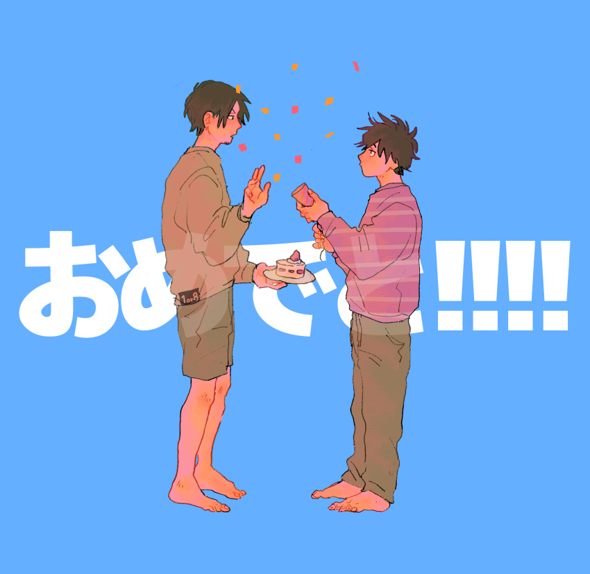 2boys, barefoot, black_hair, blue_background, brown_pants, brown_shorts, brown_sweater, cake