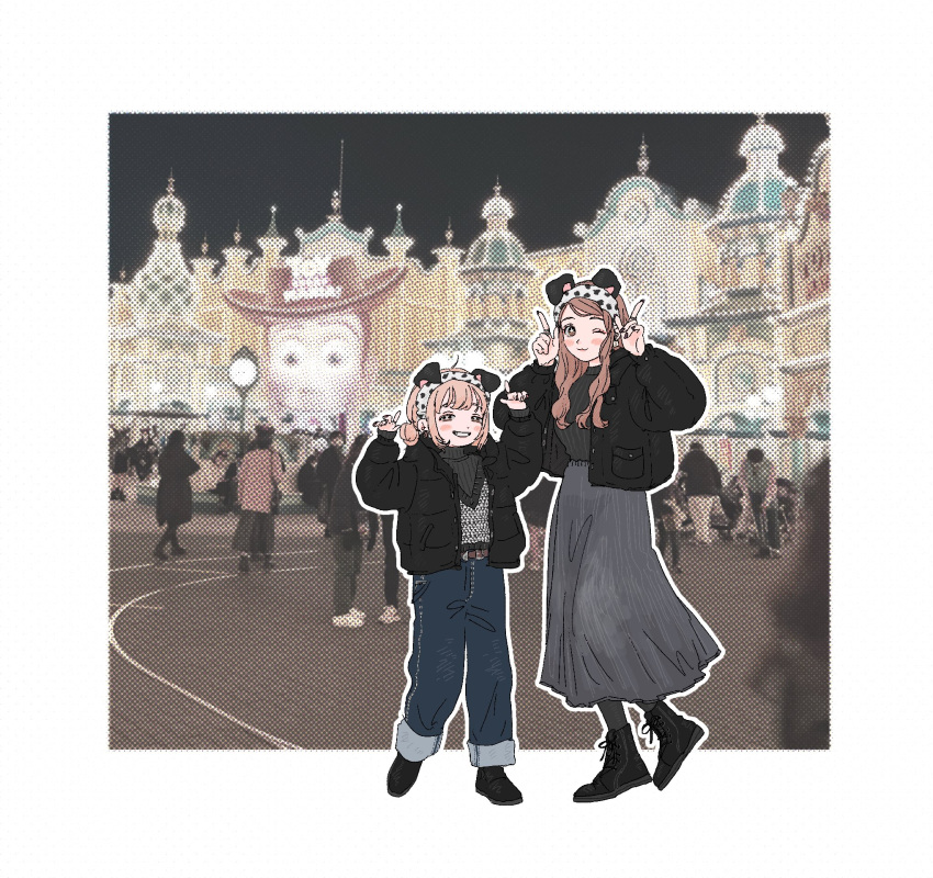 2girls, :3, alternate_costume, alternate_hairstyle, animal_ears, belt, black_footwear, black_jacket