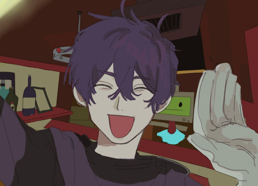 1boy, 1other, :|, bottle, closed_eyes, closed_mouth, commentary_request, crossover, crt, dutch_angle, facing_viewer, gloves, hair_between_eyes, highres, indoors, inumoto_(inumoto0000), jack-o'_ran-tan, job_simulator, male_focus, napoli_no_otokotachi, open_mouth, purple_hair, purple_sweater, robot, selfie, shelf, short_hair, smile, solo_focus, striped, striped_sweater, sweater, upper_body, waving, white_gloves, wine_bottle
