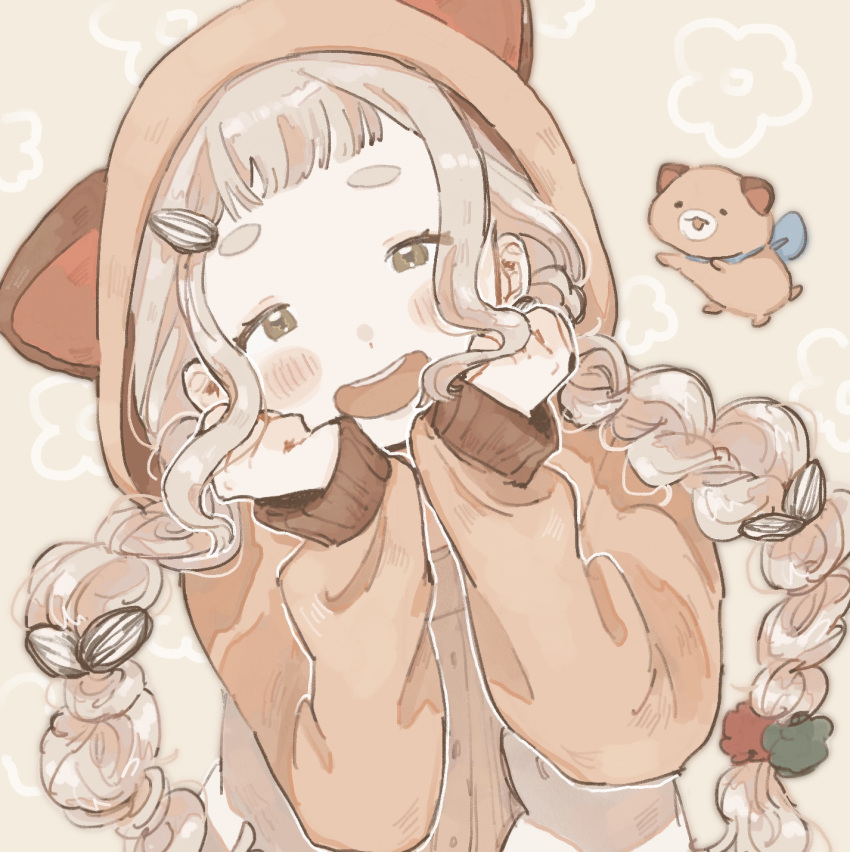 1girl, animal_ear_hood, blonde_hair, blunt_bangs, blush, braid, brown_hoodie, floating_hair